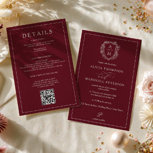 Altes Geld Rot Florales Wappen QR Hochzeit Alles i Einladung