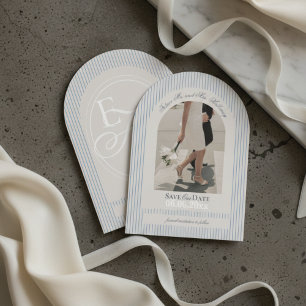 Altes Geld Script Blue Strip Foto Save the Date Einladung