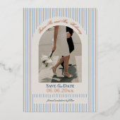 Altes Geld Script Blue Strip Foto Save the Date Folieneinladung (Vorderseite)