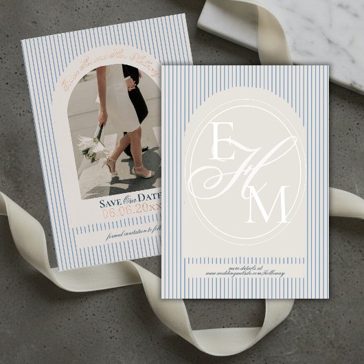 Altes Geld Script Blue Strip Foto Save the Date Folieneinladung
