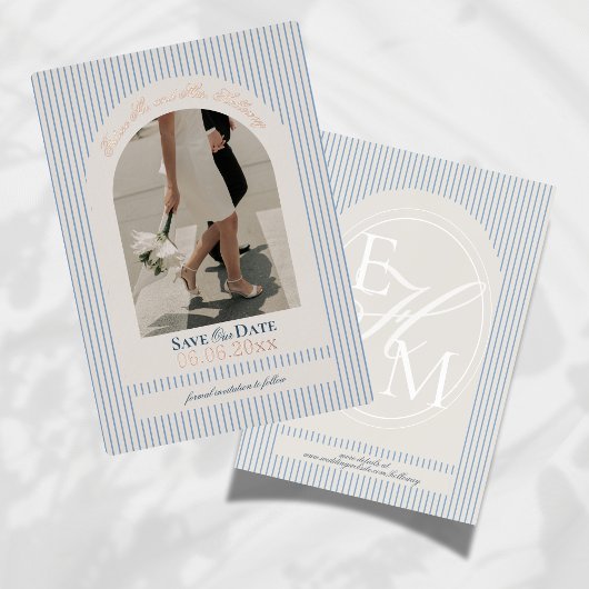 Altes Geld Script Blue Strip Foto Save the Date Folieneinladung