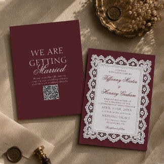 Altes Geld-Spitzen-Doily Burgund QR-Code-Hochzeit Einladung