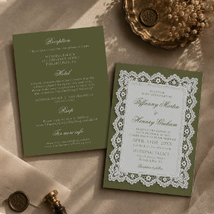 Altes Geld-Spitzen-Doily Olivgrüne Hochzeit Einladung