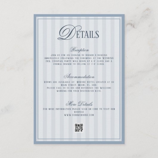 Altes Geld Staubblau Hochzeitsdetails  Begleitkarte (Vorderseite)