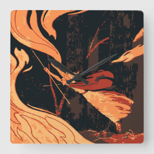 Altes Halloween, böse Hexe mit Feuer im Wald Quadratische Wanduhr