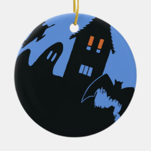 Altes Halloween, gruseliges Spukhaus und Hexe Keramik Ornament