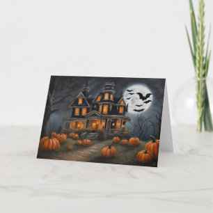 Altes Halloween-Haus und Kürbisse  Feiertagskarte