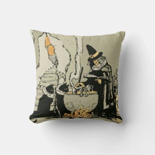 Altes Halloween, Hexe mit Kessel und Katzen Kissen