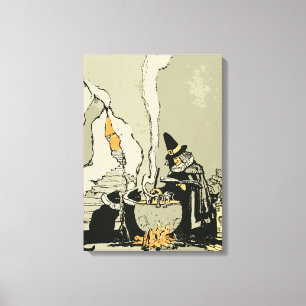 Altes Halloween, Hexe mit Kessel und Katzen Leinwanddruck