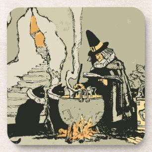 Altes Halloween, Hexe mit Kessel und Katzen Untersetzer
