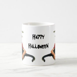 Altes Halloween, Mädchenhexe mit schwarzer Katze Kaffeetasse