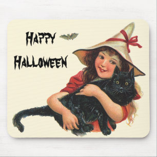 Altes Halloween, Mädchenhexe mit schwarzer Katze Mousepad