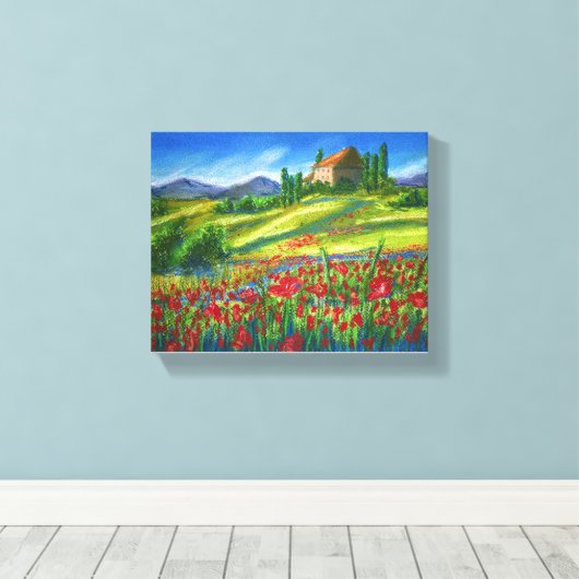 Altes Haus in der Nähe von Mohnfeld. Druck auf Kei Leinwanddruck (Insitu (Holzboden))