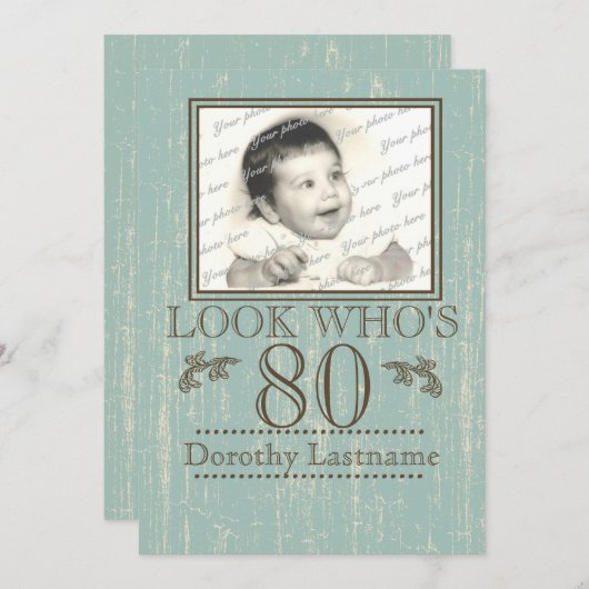 Altes Holz 80. Geburtstag Foto Einladung (Vorne/Hinten)
