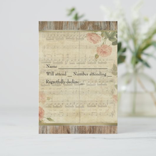 Altes Holz, französische Musik Rose UAwg mit Umsch RSVP Karte (Stehend Vorderseite)