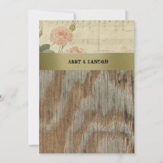 Altes Holz, Musik und Rose zum Hochzeitsfeiern Einladung (Rückseite)