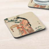 Altes Holz Zeichnend japanische Frau Getränkeuntersetzer (Linke Seite)