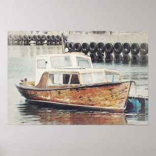 Altes Holzboot in einem Hafen rustikal nautisch Poster