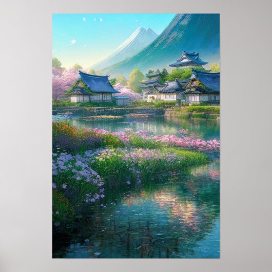 Altes Holzdorf am Fluss Poster (Vorne)