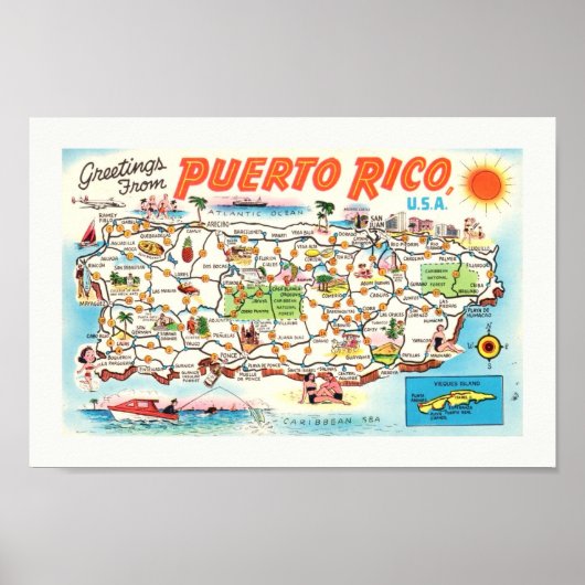 Altes Illustriertes Puerto Rico Karte drucken Poster (Vorne)