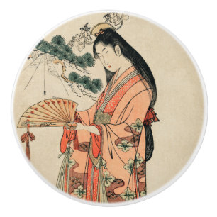 Altes japanisches Holz Zeichnend mit Frauen Keramikknauf