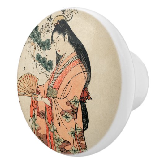 Altes japanisches Holz Zeichnend mit Frauen Keramikknauf (Rechts)