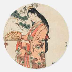 Altes japanisches Holz Zeichnend mit Frauen Runder Aufkleber