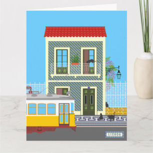 Altes Lissaboner Haus mit Katzen und gelber Straße Karte