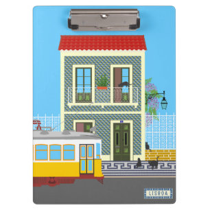 Altes Lissaboner Haus mit Katzen und gelber Straße Klemmbrett