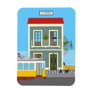 Altes Lissaboner Haus mit Katzen und gelber Straße Magnet