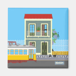 Altes Lissaboner Haus mit Katzen und gelber Straße Magnet