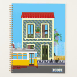 Altes Lissaboner Haus mit Katzen und gelber Straße Planer