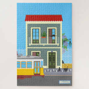Altes Lissaboner Haus mit Katzen und gelber Straße Puzzle