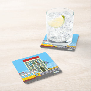 Altes Lissaboner Haus mit Katzen und gelber Straße Rechteckiger Pappuntersetzer