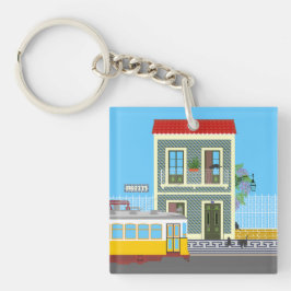 Altes Lissaboner Haus mit Katzen und gelber Straße Schlüsselanhänger