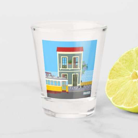 Altes Lissaboner Haus mit Katzen und gelber Straße Schnapsglas (Vorderseite)