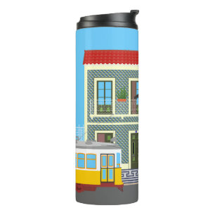 Altes Lissaboner Haus mit Katzen und gelber Straße Thermosbecher