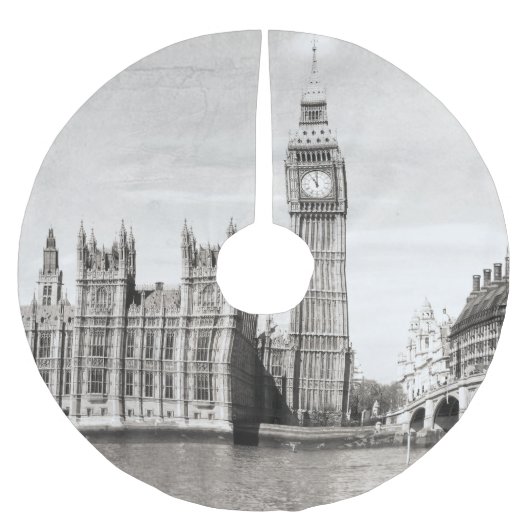 Altes London, schwarz und weiß. Polyester Weihnachtsbaumdecke (Vorderseite)