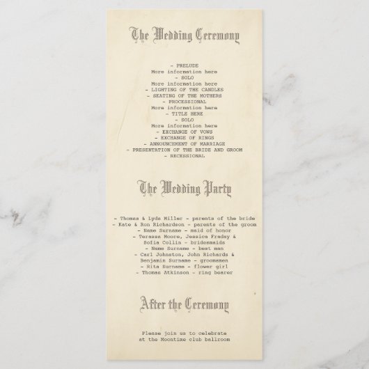 Altes Märchenschloss Hochzeitsprogramme Programm (Rückseite)