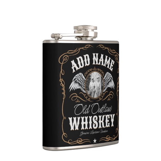 Altes Moonshine Whiskey-Etikett und FOTO Familienn Flachmann (Rechts)