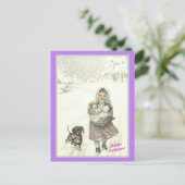 Altes Niedliches Mädchen, Dackel, Katzen, Schnee Postkarte (Stehend Vorderseite)