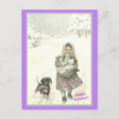 Altes Niedliches Mädchen, Dackel, Katzen, Schnee Postkarte (Vorderseite)