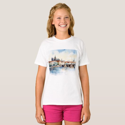 Altes Prag, Karlsbrücke Wasserfarbe T-Shirt (Vorne ganz)