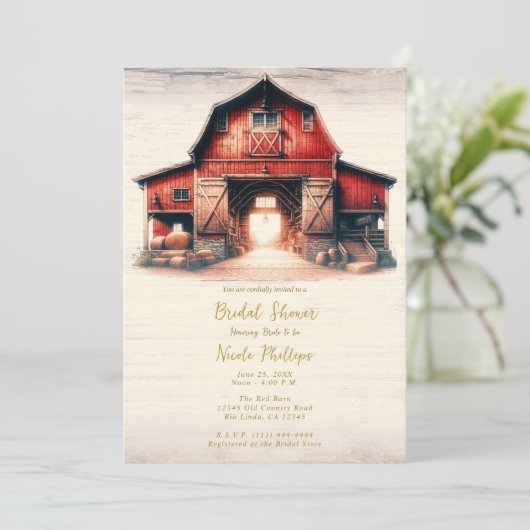 Altes Rotbarn Rustikales Brautparty Einladung (Stehend Vorderseite)