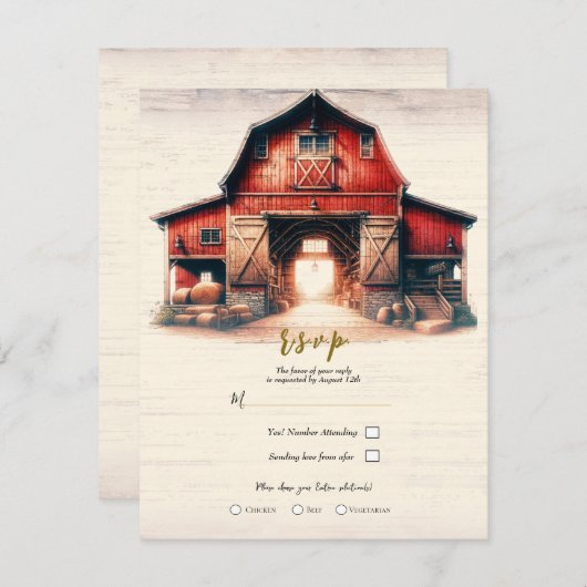 Altes Roter Stall Rustikales Hochzeitssemble R.S.V Einladung (Vorne/Hinten)