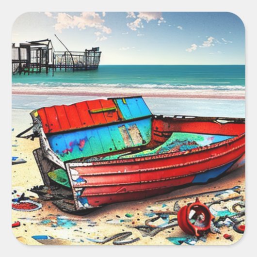 Altes Rotes Boot und Wracks am Strand Quadratischer Aufkleber (Vorderseite)