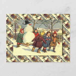 Altes russisches Weihnachten, Schneemann und Kinde Feiertagspostkarte