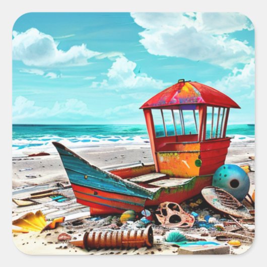 Altes Schiff auf einem Sandstrand verliert Quadratischer Aufkleber (Vorderseite)