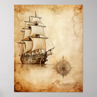 Altes Schiff und Windrose Kompass Antike Karte Poster