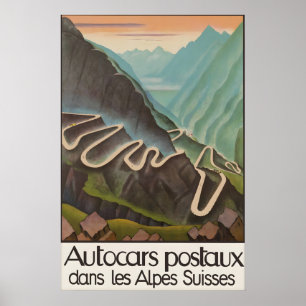 Altes Schweizer Alpen-Reiseposter Autocars Postaux Poster